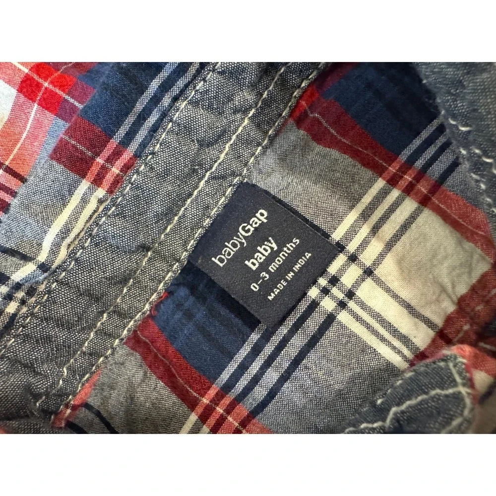 Baby Gap Boys 0/3 Months Shirt‎ Top Cotton Button Down Short Sleeved Blue Red